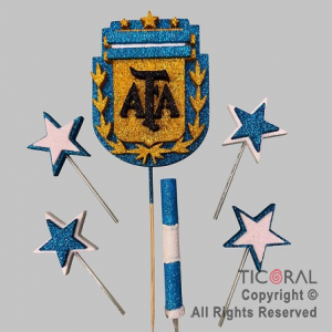ADORNO DE TORTA SET ESCUDO ARGENTINA CON 4 ESTRELLAS Y BENGALA GIBRE x 1